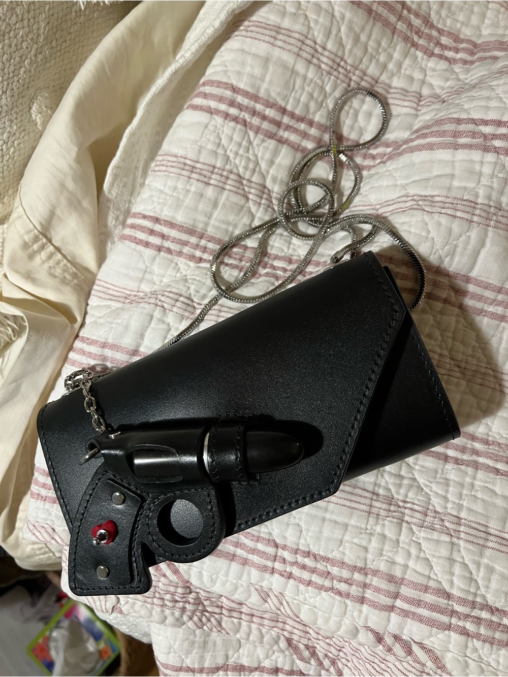 Black Leather Envelope Crossbody with Silver Chain